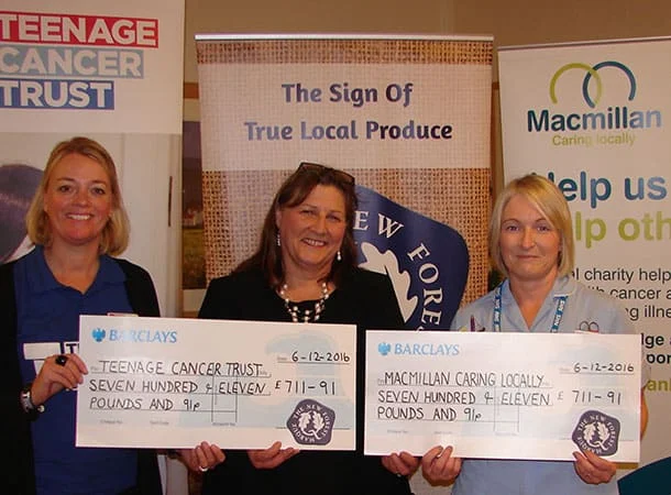 Food Quiz - (L to R): Amanda Hetherington, regional fundraiser for Teenage Cancer Trust; Jane Overall, New Forest Marque Chairman and Tracey Watts from Macmillan Caring Locally in Christchurch with the proceeds from the 2016 New Forest Marque quiz.