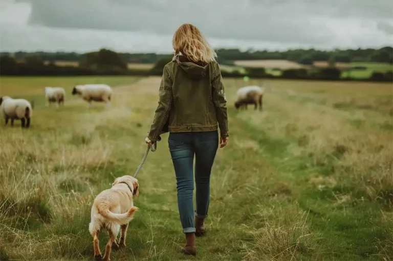 A woman walking her Golden Labrador dog on a lead in a field with some sheep with her back to the camera