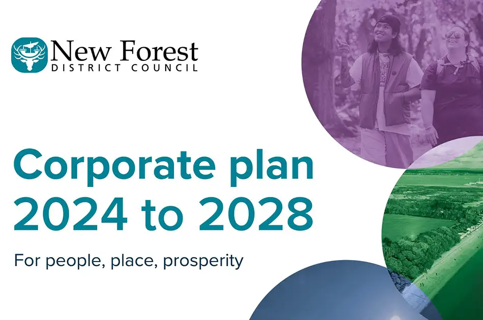 Cover of the New Forest District Council Corporate plan 2024-2028, featuring the council logo, title, and images representing the community, nature, and coastline of the district in a teal, purple and green color scheme
