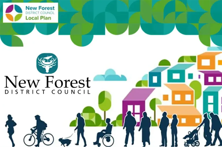 A stylized illustration featuring silhouettes of diverse people and pets in front of colorful house shapes, with the New Forest District Council and Local Plan logos displayed at the top.
