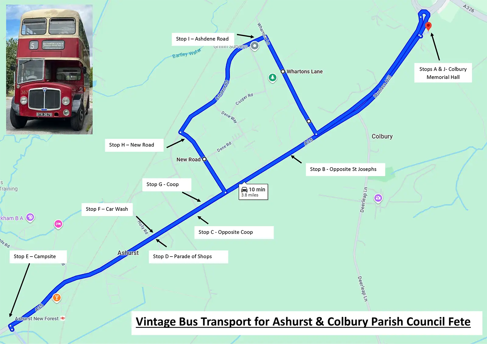 A map shows a 10-minute, 3-mile driving route highlighted in blue through Ashurst, with labelled roads and arrows. An inset photo in the top left features a classic red double-decker bus, evoking a Vintage Bus Route.