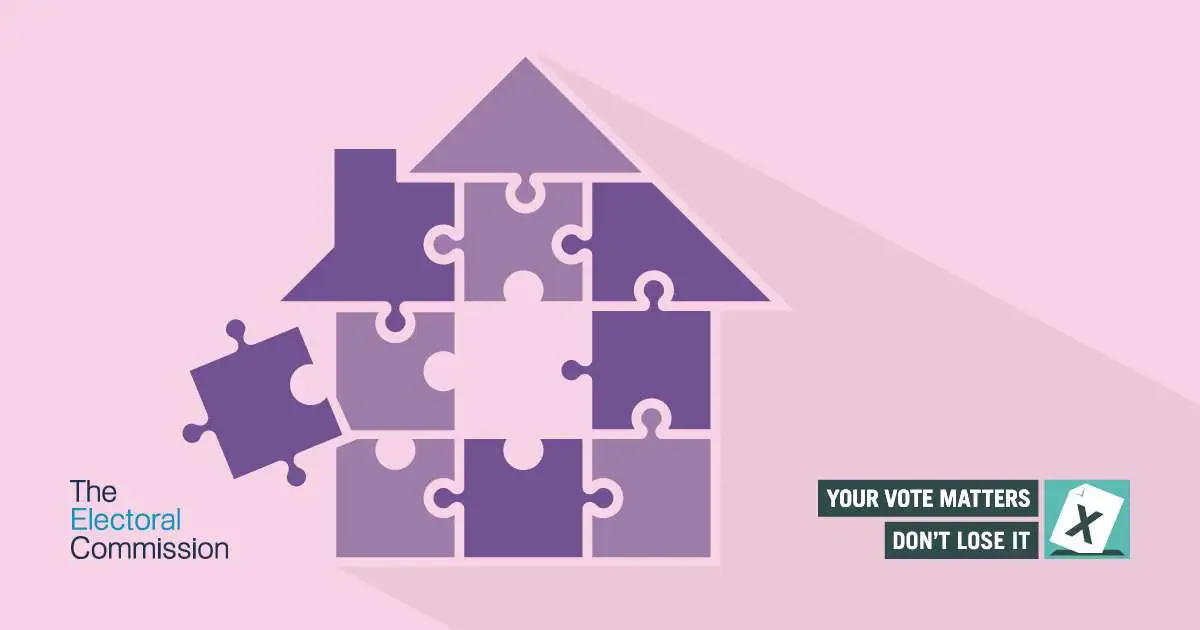 A house made of purple puzzle pieces, with one piece being placed into the structure. Text reads The Electoral Commission and YOUR VOTE MATTERS—DON'T LOSE IT during the 2025 Annual Canvass, with a tick in a box icon.