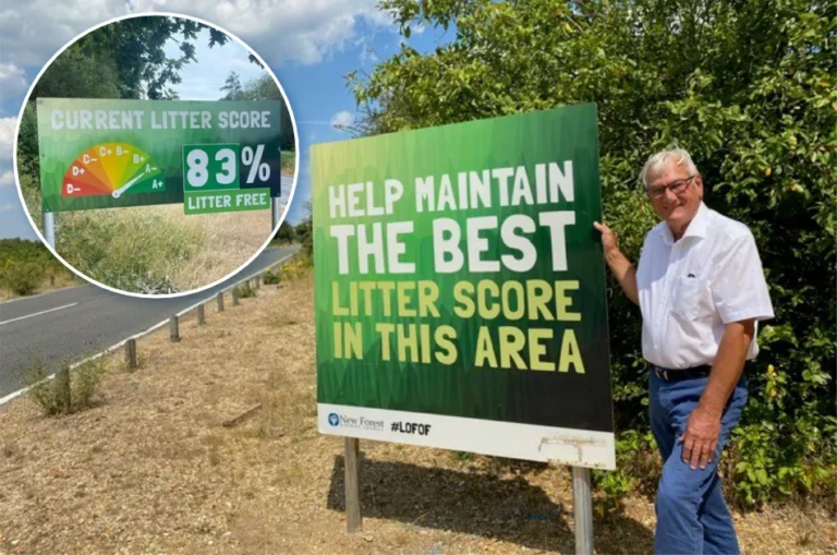 A man stands by a sign saying, Help maintain the best litter score in this area. An inset shows a meter reading Current litter score 83% litter free. Trees and a roadside are visible.
