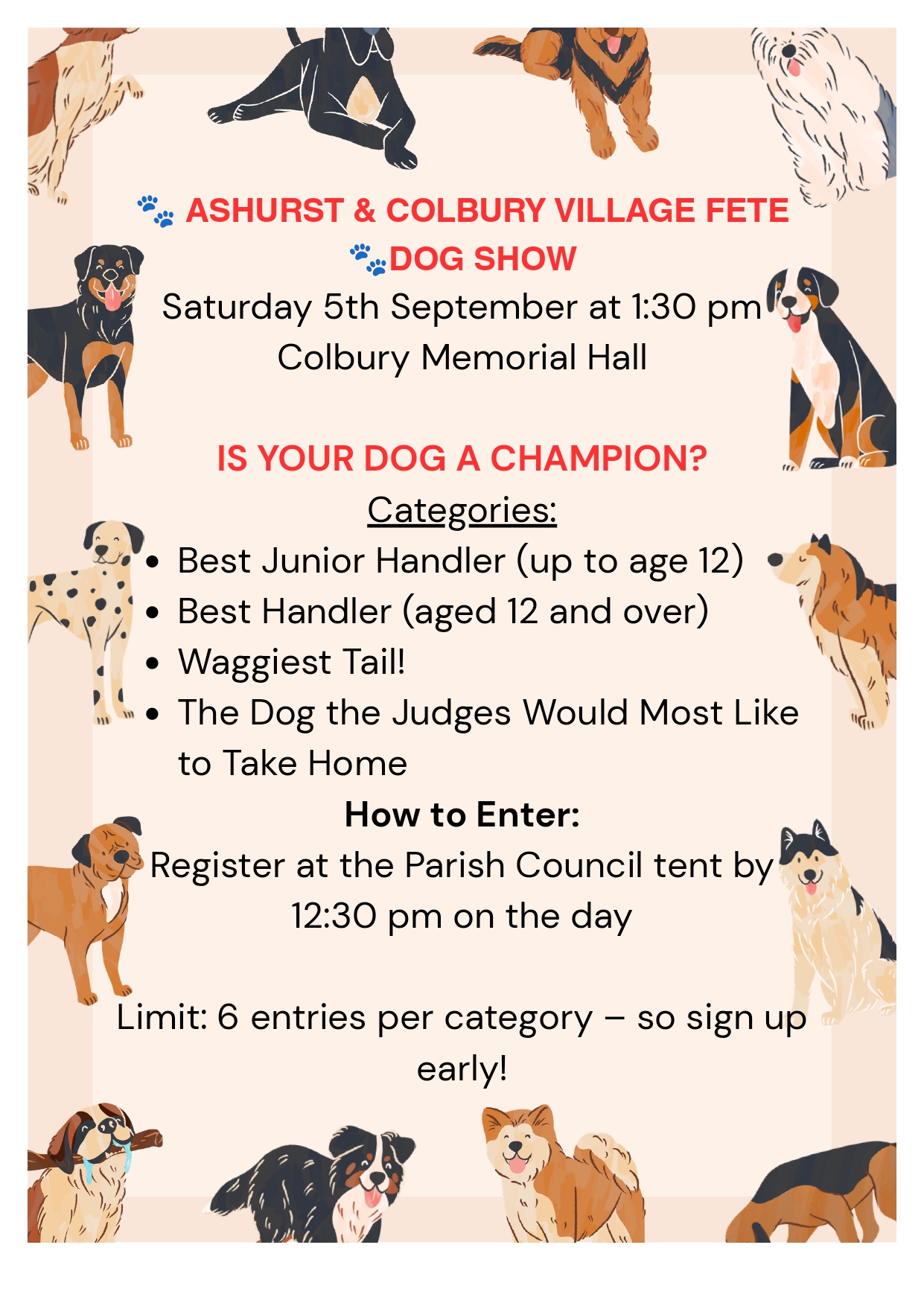 Poster advertising the Ashurst and Colbury Village Fete Dog Show. A full accessible transcription appears below.